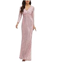 Women's Formal Sequins Elegant V-Neck Prom Maxi Dress Long Sleeve Mermaid Floor Length Evening Empire Waist Gowns