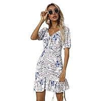 Chic Exclusive Women Maxi Dress Floral Printed Pleated V-Neck Short Sleeve Mini Bohemia Dress