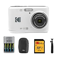 Kodak PIXPRO FZ45 Friendly Zoom Digital Camera (White) Bundle with 64 GB UHS-I U1 SDXC Memory Card, Rapid Travel Charger with 4 AA Rechargeable Batteries, Spider Tripod, and Camera Case (5 Items)