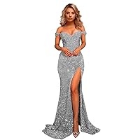 Elegant Mermaid Sequins Prom Dresses Long 2024 Off The Shoulder Formal Evening Party Gowns with Slit