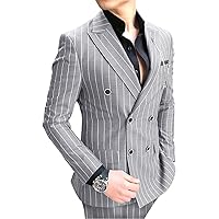 Casual Men's Suit Slim Fit 2 Piece Business Striped Wool Double Breasted Jacket Prom Tuxedos Blazer Pants