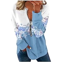 Women Gradient Floral Pullover Tops Half Zip Long Sleeve Sweatshirts Classic Lapel Comfy Pullovers Daily Outfits