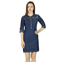 Bimba Women Short Blue Thin Soft Denim Mini Dress Classic Chic Custom Clothing 3/4 Sleeve