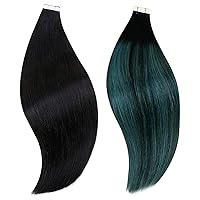 RUNATURE Bundles Tape in Hair Extensions Jet Black Human Hair Tape in Extensions Ombre Black to Teal 12 Inch 50g 20pcs