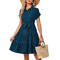 JASAMBAC Women's Button Down Shirt Dress 2024 Casual Work Summer Collared V Neck Elastic Waist Flowy Pocket Beach Sundress