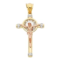 Crucifix Charm Solid 14k Yellow White Rose Gold Cross Jesus Pendant Celtic CZ Religious Fancy 27 x 41 mm