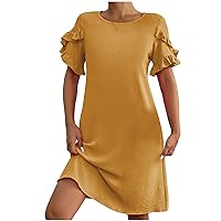 Womens Summer Dress 2024 Casual Short Sleeve A-Line Mini Dress Loose Crew Neck Beach Sundress with Pockets