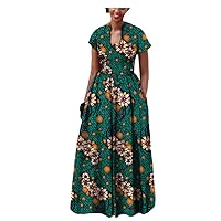 African Dresses for Women Ankara Print Short Sleeve Vintage Plus Size Party Wear Dashiki Outfits