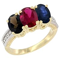 10K Yellow Gold Natural Smoky Topaz, Enhanced Ruby & Natural Blue Sapphire Ring 3-Stone Oval 7x5 mm Diamond Accent, Sizes 5-10