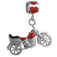Rhodium On Sterling Silver Motorbike Red Enamel Dangle Pendant Bead For European Charm Bracelet