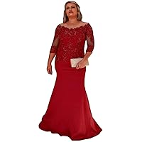 Women's 3/4 Sleeve Mermaid Prom Dress Plus Size Appliqued Wedding Evening Gown