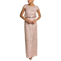 Adrianna Papell Embroidered Lace Long Pop Over Mob Column Gown