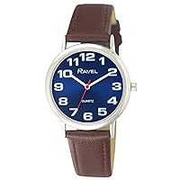 Ravel Unisex Easy Read Watch with Big Numbers - Brown/Silver Tone/Sunray Blue Dial