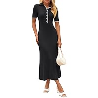 MEROKEETY Women's V Neck Ribbed Knit Maxi Dress Button Short Sleeve Slim Fit Bodycon Sweater Dress