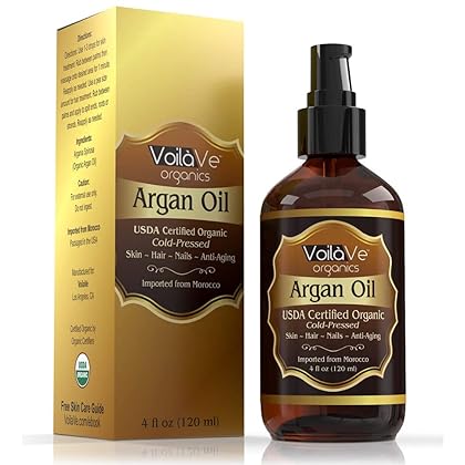 VoilaVe USDA and ECOCERT Pure Organic Moroccan Argan Oil for Skin, Nails & Hair Growth, Anti-Aging Face Moisturizer, Cold Pressed, Hair Moisturizer, Rich in Vitamin E, As Seen On TV - 4 fl oz