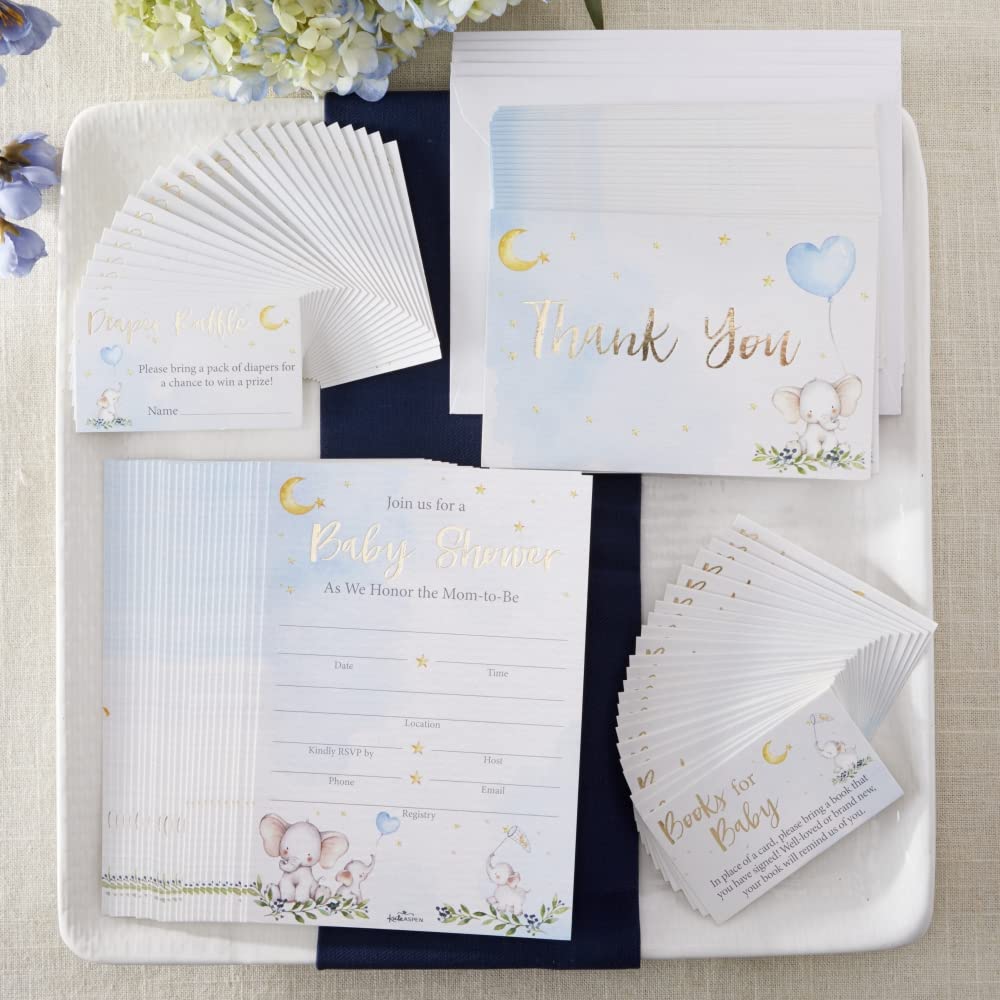 Kate Aspen Elephant Baby Shower Invitation & Thank You Card Bundle - Blue (Set of 25), One Size