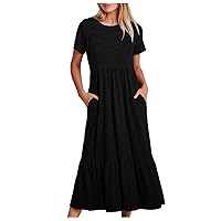 Womens Eyelet Maxi Dress Summer with Pockets Short Sleeve Crewneck Long Dresses Trendy Elegant Dressy Long Dress Black