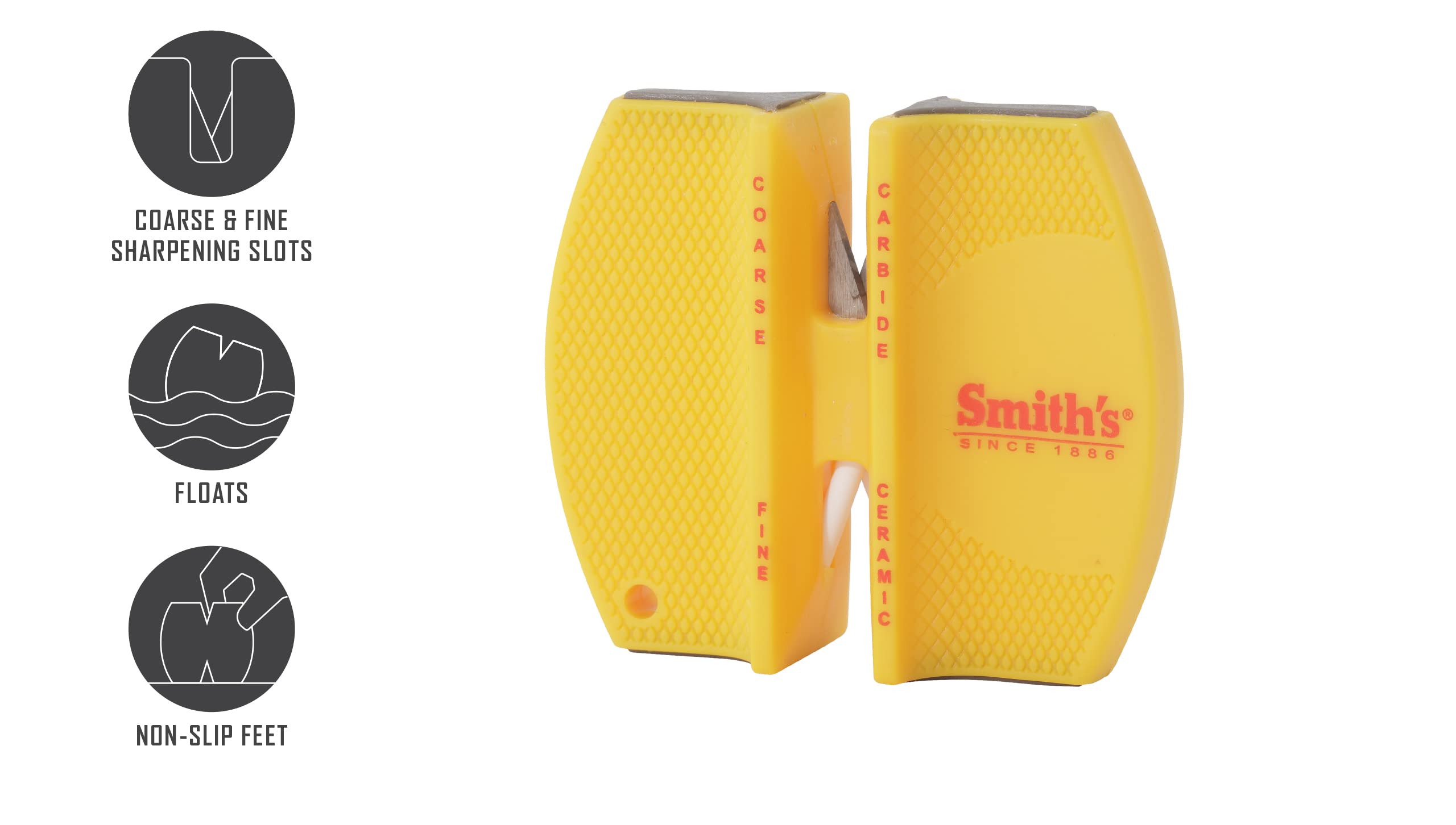 Smith’s CCKS 2-Step Knife Sharpener - Yellow - 2-Step Preset Coarse & Fine Slots - Outdoor Handheld Knife Sharpener - Fishing, Hunting, Fillet, Pocket Knives - Compact Plastic Portable Keychain Tool