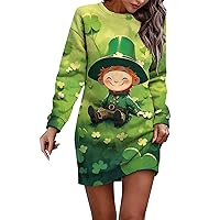 Plus Size Formal Dresses,2024 Women's St. Patrick's Day Printed Round Neck Long Sleeved Casual Plus Size Dresse