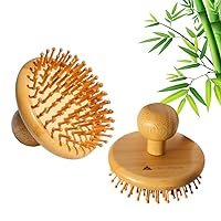 Bamboo Brush for Hair Growth, Natural Wooden Scalp Brush, Mini Scalp Massager with Bamboo Bristles, Detangling Hairbrush for Women, Round Handle Design, Anti-Static Round Wood Pins (Thin)