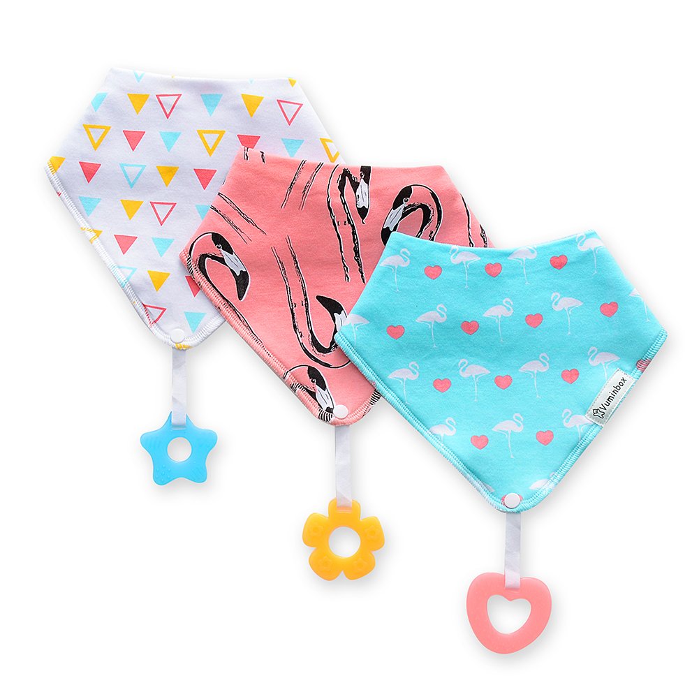 Vuminbox Baby Bandana Drool Bibs 3-Pack and Teething toys 3-Pack Made with 100% Organic Cotton, Super Absorbent and Soft Unisex (Pink) …