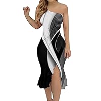 Womens One Shoulder Ruffle Formal Dress Sexy Summer Sleeveless Bodycon Ruched Wrap Split Cocktail Dresses