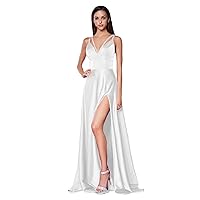 Tsbridal Long Prom Dresses for Women Split Spaghetti Strap Satin A Line Formal Wedding Evening Dress