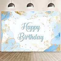 MEHOFOND 7x5ft Abstract Blue Birthday Backdrop Pastel Blue Marble Background for Girl Boy Watercolor Gold Floral Leaves Painting with Shiny Glitter Lines Floral Bday Party Banner Cake Smash Photo Prop