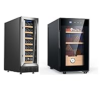 KingChii 12 Inch 16 Bottle Dual Zone Wine Cooler + 23L Electric Cigar Humidors, Temperature Control Cabinet with Spanish Cedar Wood Shelves & Drawer Hygrometer Gifts for Men (150 Counts Capacity)