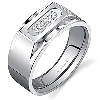 PEORA Men's Genuine Titanium Wedding Ring Band, 10mm, Designer 3-Stone Flat Top, Comfort Fit, Sizes 8 to 13