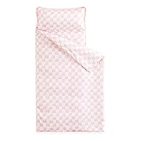 Wake In Cloud - Toddler Nap Mat with Pillow and Blanket, for Kids Boys Girls in Kindergarten Daycare Preschool Pre K, Roll Up Sleeping Bag, Pink White Checkered, Standard Size