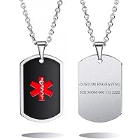 VIBOOS Medical Alert Dog Tag Pendant Necklace Custom Engraved Name Date ID Stainless Steel - Bundle with 4 Items: Emergency Card, Sleeve, 22 Inches Chain, 2 Inches Extension Chain
