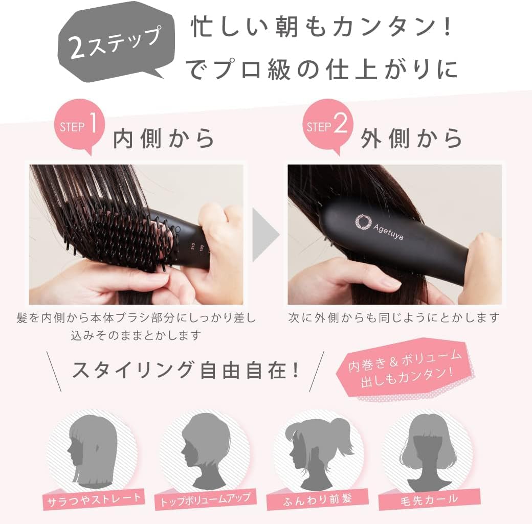 Agetsuya QS-17108-W Portable Mini Brush Iron, For Overseas Use, Comb Iron, Heat Brush, Hair Iron (White)