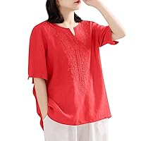 Women's Linen Shirts Summer Boho Tops Cotton Blouse V Neck Short Sleeve Embroidered Tunic