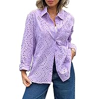 chouyatou Women's Crochet Eyelet Button Down Rolled Up Long Sleeve Boho Shirt Blouse Tops