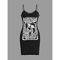2023 Women's Dresses Skull and Letter Graphic Contrast Lace Cami Dress Without Mesh Women's Dresses (Color : Black, Size : X-Small)