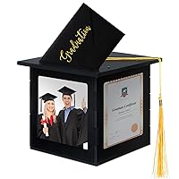 Wooden Graduation Card Box with Picture Frame Graduation Card Holder Wood Graduation Cap Shaped Gift Card Holder Box with Tassel for Graduation Party Decorations Grad Party Supplies, Black