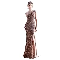 Women's Strapless One Shoulder Bodycon Floor Length Sequins Prom Evening Dresses with Side Slit