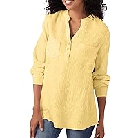 Women's Cotton Crop Tops V-Neck Longsleeve Plus Size Tank Career Bloues T Shirt Button Down Shirts, S-3XL
