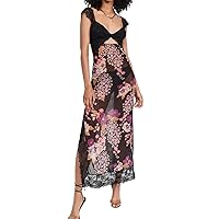 Women Floral Lace Patchwork Maxi Dress Backless Spaghetti Strap Cutout Tight Long Dress High Split Sling Dress