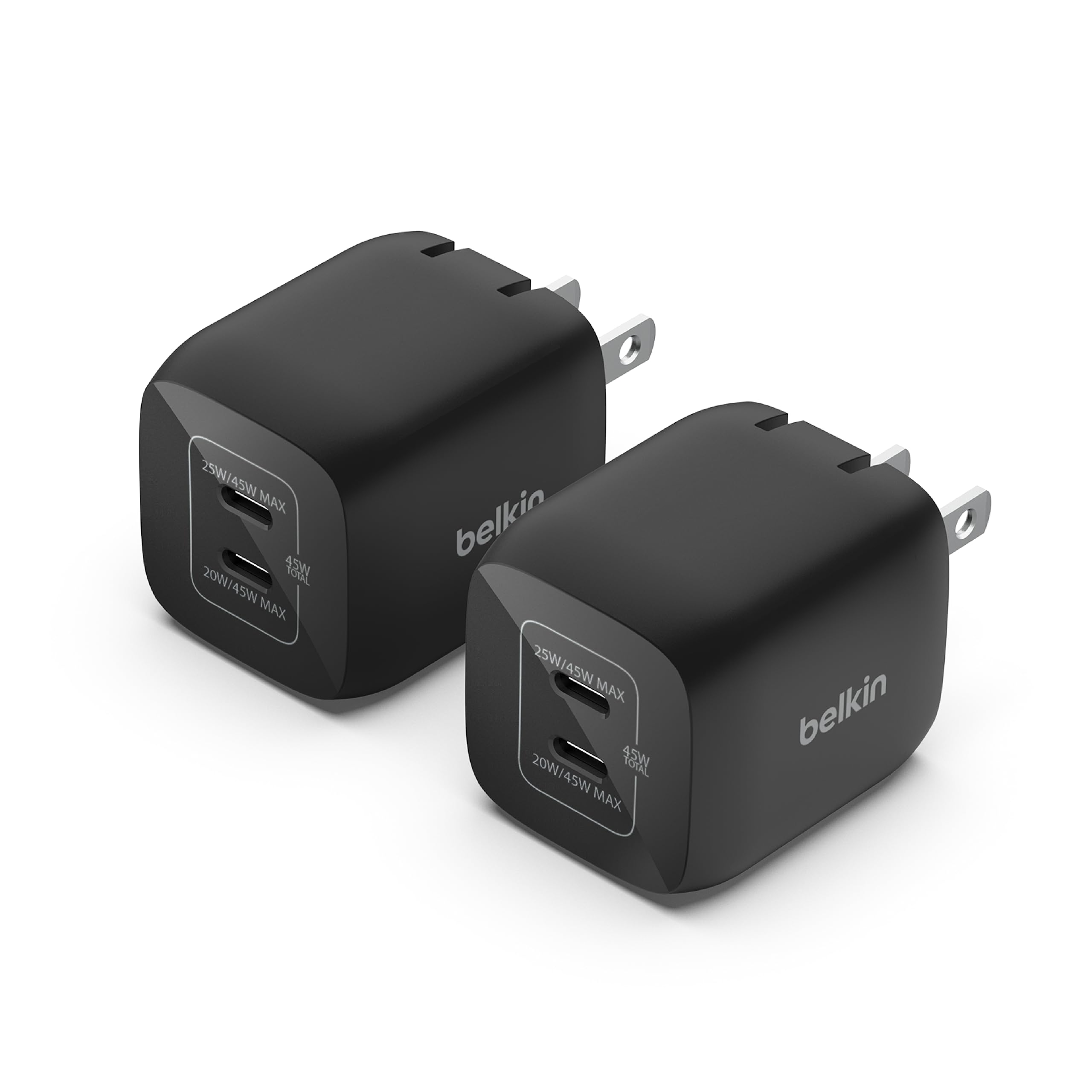 Belkin 45W Dual USB-C Wall Charger, Fast Charging Power Delivery 3.0 w/GaN Technology, iPhone 14, 13, Pro, Pro Max, Mini, iPad Pro 12.9, MacBook, Galaxy S23, S23+, Ultra, Tablet - Black (2-Pack)