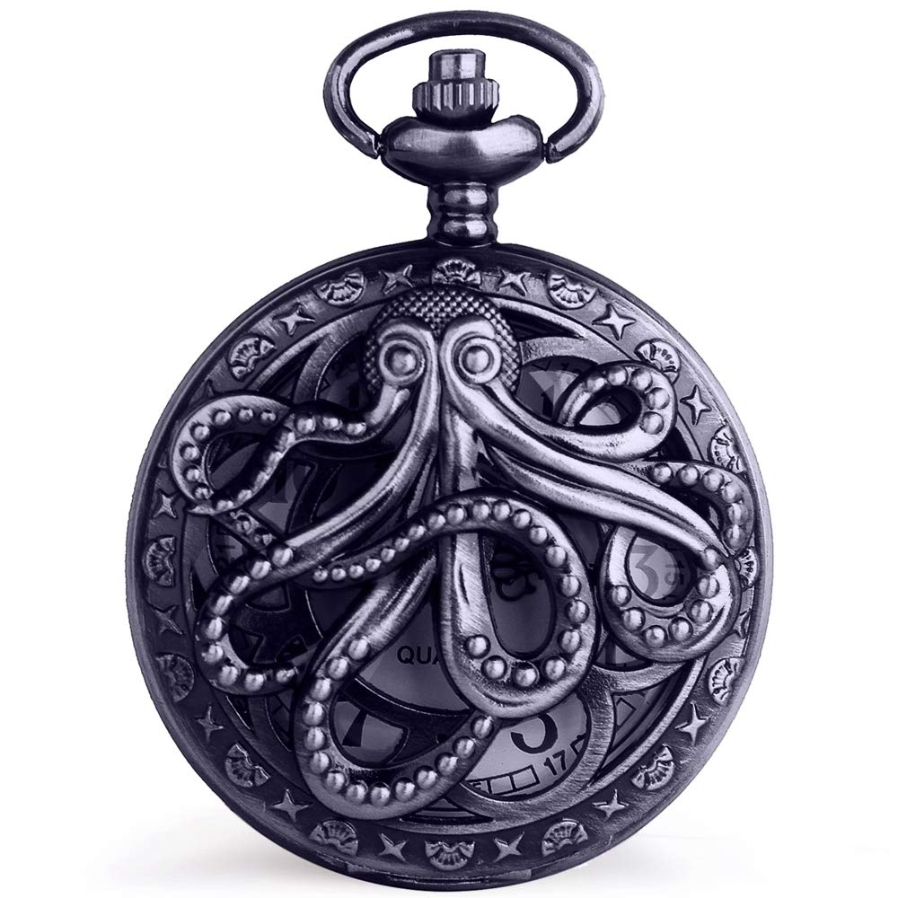 Dentily Vintage Octopus Hollow Quartz Pocket Watch Steampunk Black Pocket Watch with Necklace Chain Gift for Kids