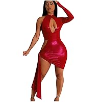 Lightning Deals of Today Prime Basic Women's Metallic Mini Dress Cut Out Ruched Mini Dress Shiny Bodycon Halter One Shoulder Ruched Club Party Dresses Vestido Fiesta Mujer