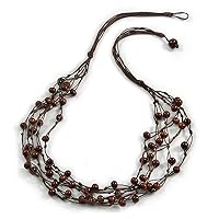 Multistrand Brown Wood Beaded Cotton Cord Necklace - 80cm Length