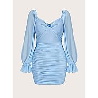 Plus Women's Dress Plus Ring Flounce Sleeve Ruched Mesh Dress (Color : Baby Blue, Size : X-Large)