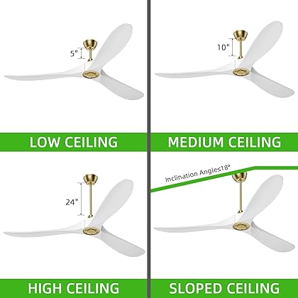 Obabala 60'' Outdoor/Indoor Damp Ceiling Fan with Remote Control, 3 White Balsa Wood Blades, Gold