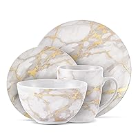 Safdie & Co. - Gold Marble Plates and Bowls Sets, Modern Kitchen 16-Piece Dinnerware Sets, Indoor and Outdoor Plates, with Mugs, Dishwasher Safe