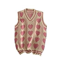 Sweet Sweater Vests Men Heart Printed Couple Knitted V-Neck Stylish Sleeveless Clothing Hombre Jumpers