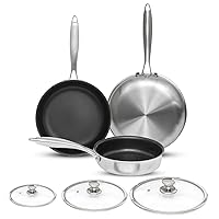 6 Piece Nonstick Frying Pan Set Stainless Steel with Lid, 8 inch &10 inch & 12 inch Non Stick Skillet with Handle - PFOA Free, Oven Safe Non-stick Teflon Coating Induction Cooking Cookware