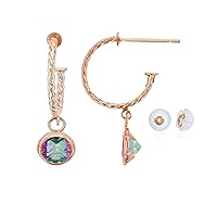 14K Rose Gold 12mm Rope Half-Hoop with 4mm Round Mystic Green Topaz Bezel Drop Earring with Silicone Back